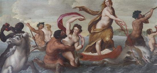 After Botticelli, oil on oak panel, Venus and Tritons at sea, 30 x 64cm, unframed